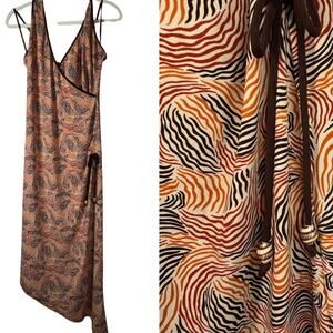 Cato Y2K Halter Dress Asymmetrical Hem Surplice Orange Brown Midi